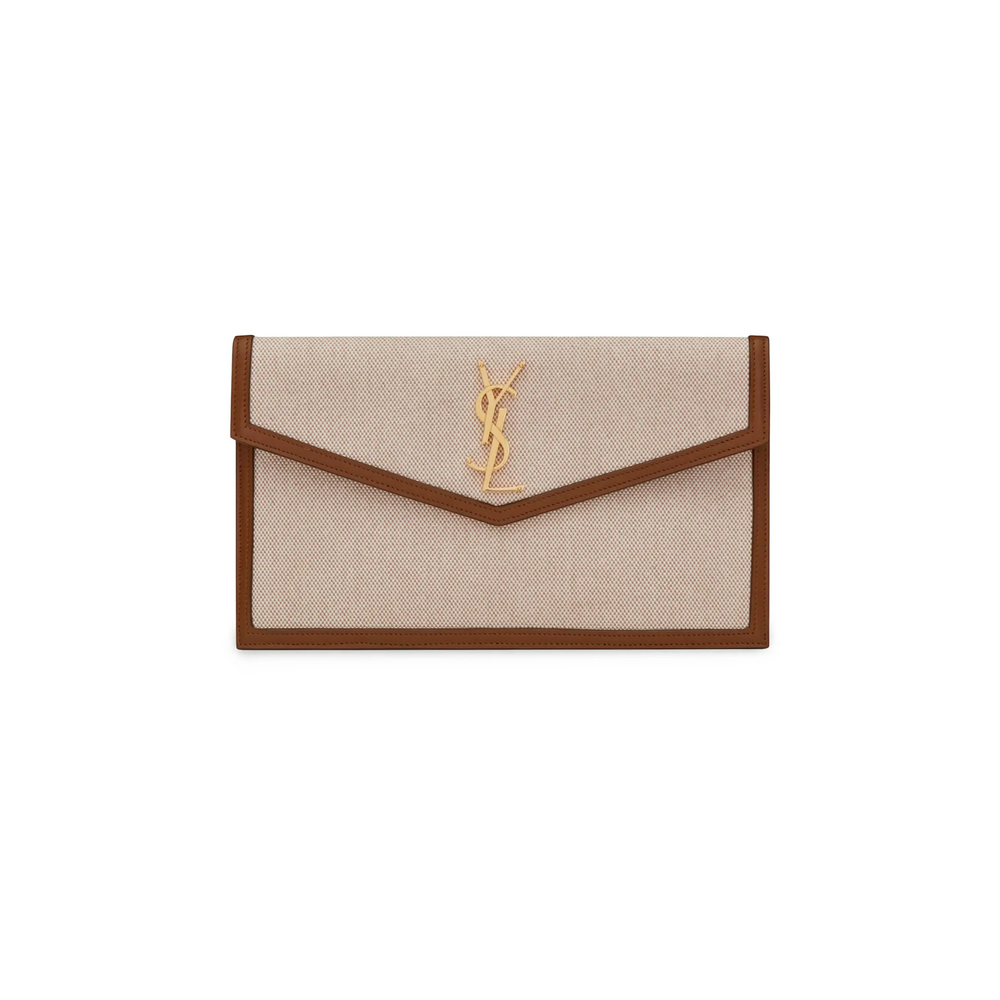 Saint Laurent Uptown Pouch In Canvas And Smooth Leather in Tan